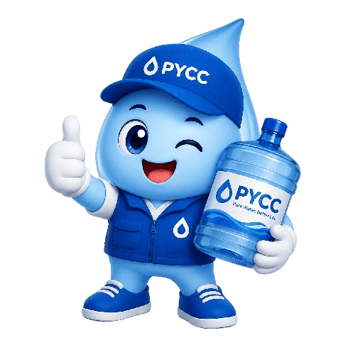 PYCC water drop mascot holding a water container
